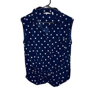 Soft Surroundings blue white diamond print sleeveless blouse front knot Size S